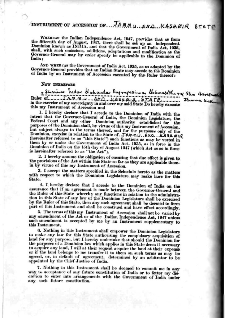 Instrument of Accession Jammu and Kashmir October 1947